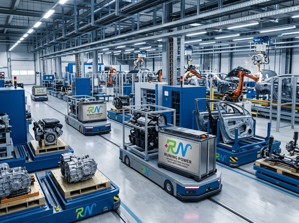Automotive factory AGV fleet with Runing Power high-rate 48V 40Ah LiFePO4 batteries and CAN bus