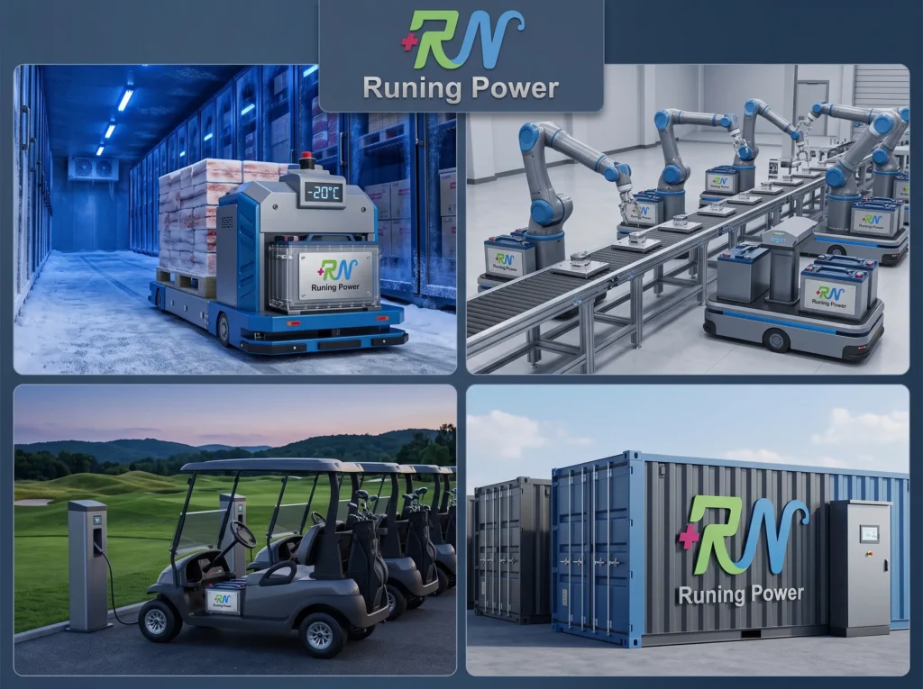 Runing Power real-world LiFePO4 battery case studies across cold chain, AGV, golf fleets, and energy storage